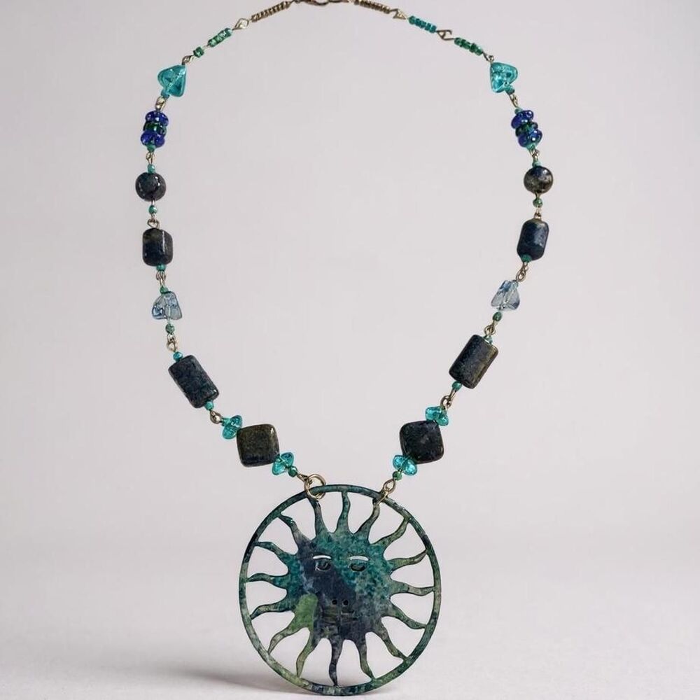Handmade Blue Celestial Sun Pendant Necklace.